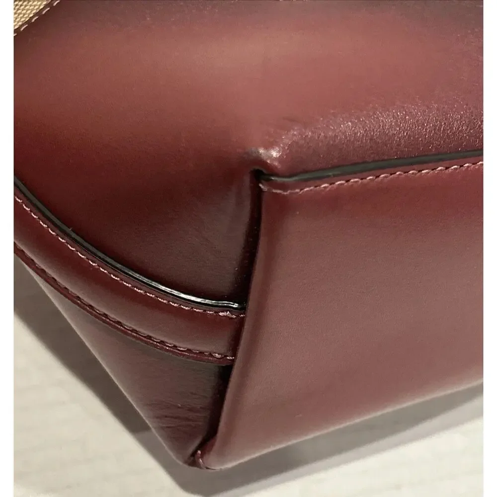 Coach F34824 Ivie Burgundy Leather Trim Beige Signature Hobo Purse Hand Bag